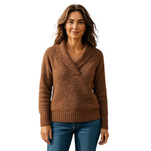 Ponsesa Sweater Women M Brown Pink Shawl Collar Grandmacore Pullover Knit Winter